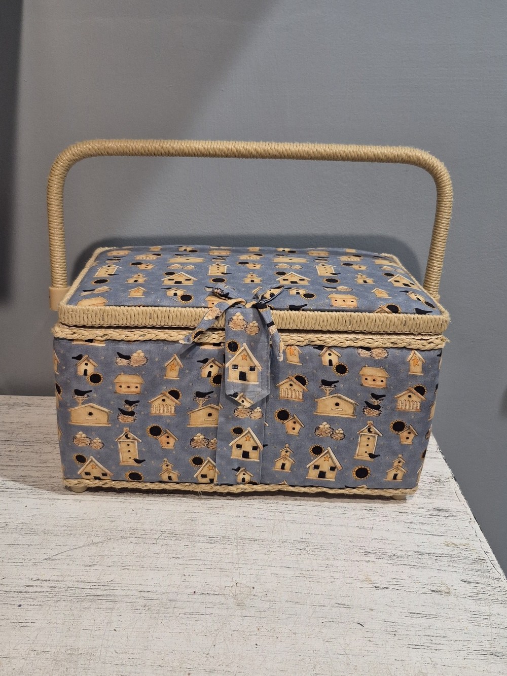 Vintage Sewing Basket Box Craft Organizer Woven Handle Birdhouse Print